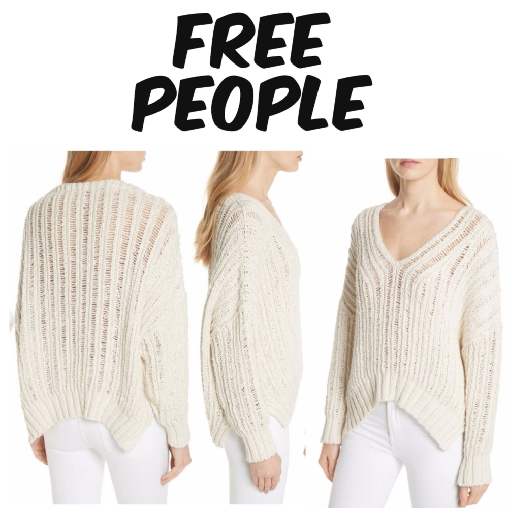 Free People Infinite Cream Chunky Knit Slouchy V-Neck Sweater Sz XS